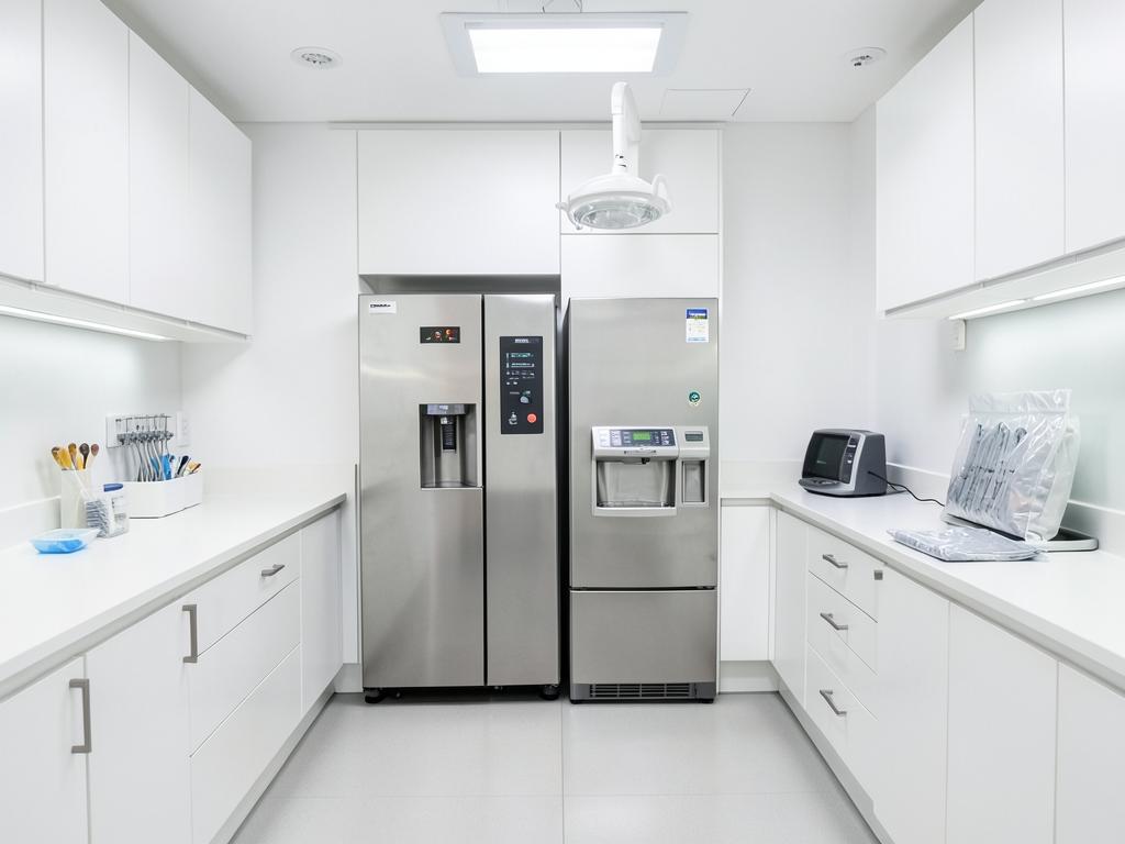 Clinical sterilisation room with autoclave and sealed instrument pouches